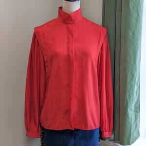 Vintage 80s Red Floral Blouse M Minimalist Indie Button Up Long Sleeve Top